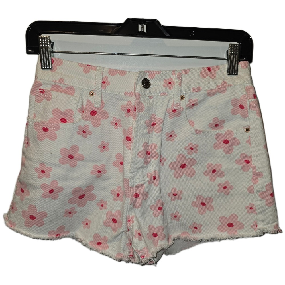 PacSun Vintage High Rise Floral Denim Shorts White Pink Daisy‎ Cut Off Size 26